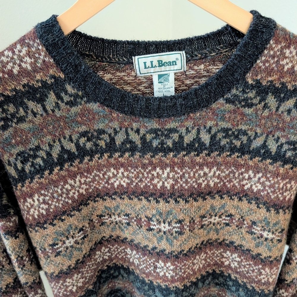 Vintage L.L. Bean Fair Isle Geometric Textured Wool Sweater In Black/Tan - Picture 3 of 7